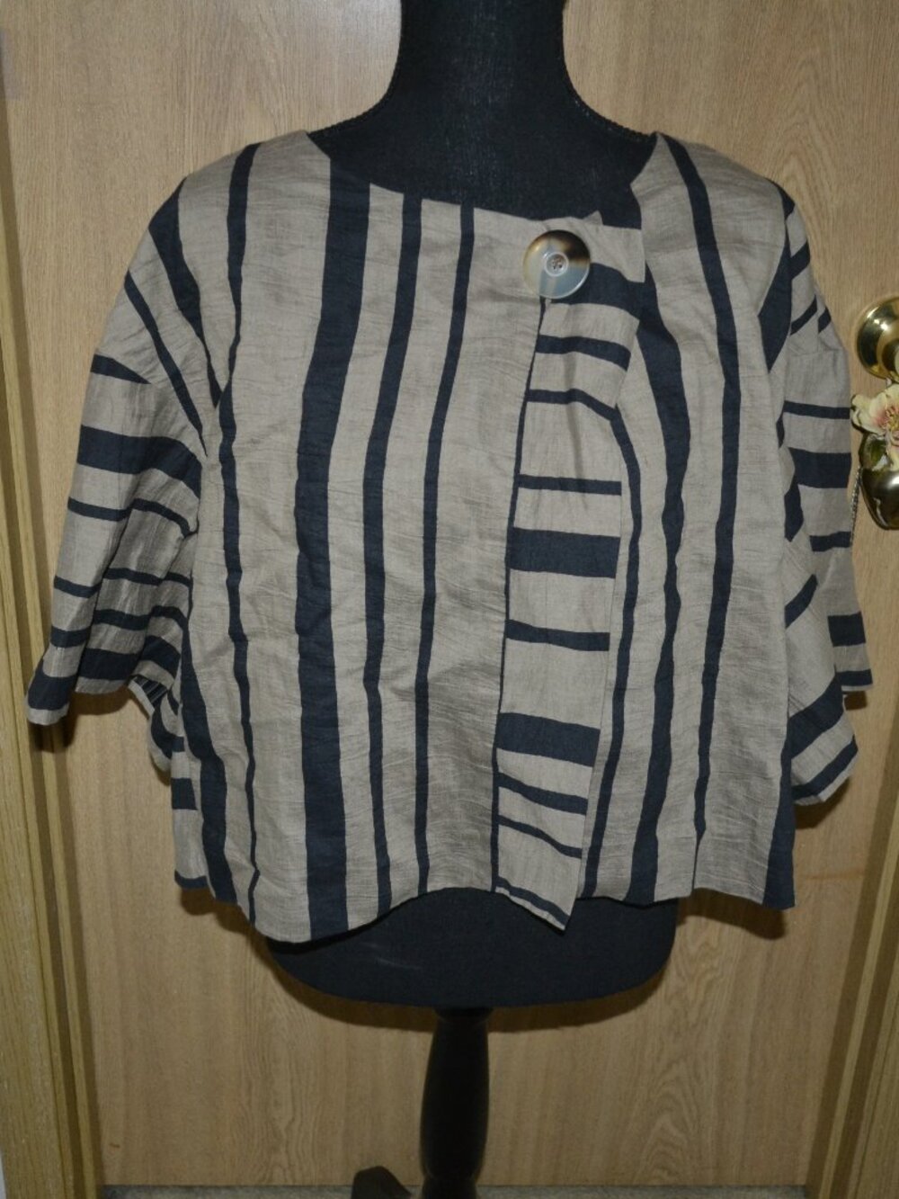 Alembika Striped Boxy Linen Cotton Blend Short Sleeve Lagenlook Artsy Top